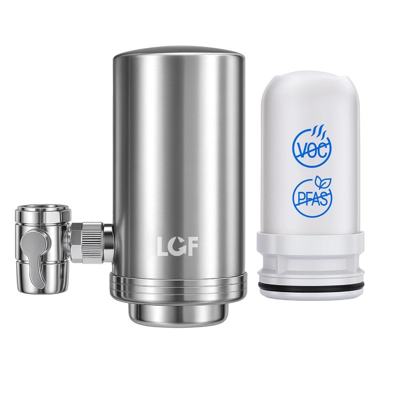 LCF 360° Rotating Stainless-Steel Faucet Water Filter - High Flow, Mineral-Enhanced Tap Water Filter, Reduces Chlorine, Heavy Metals and Bad Taste, Easy Install, 320 Gallons, Kitchen Sink Ideal - Image 1